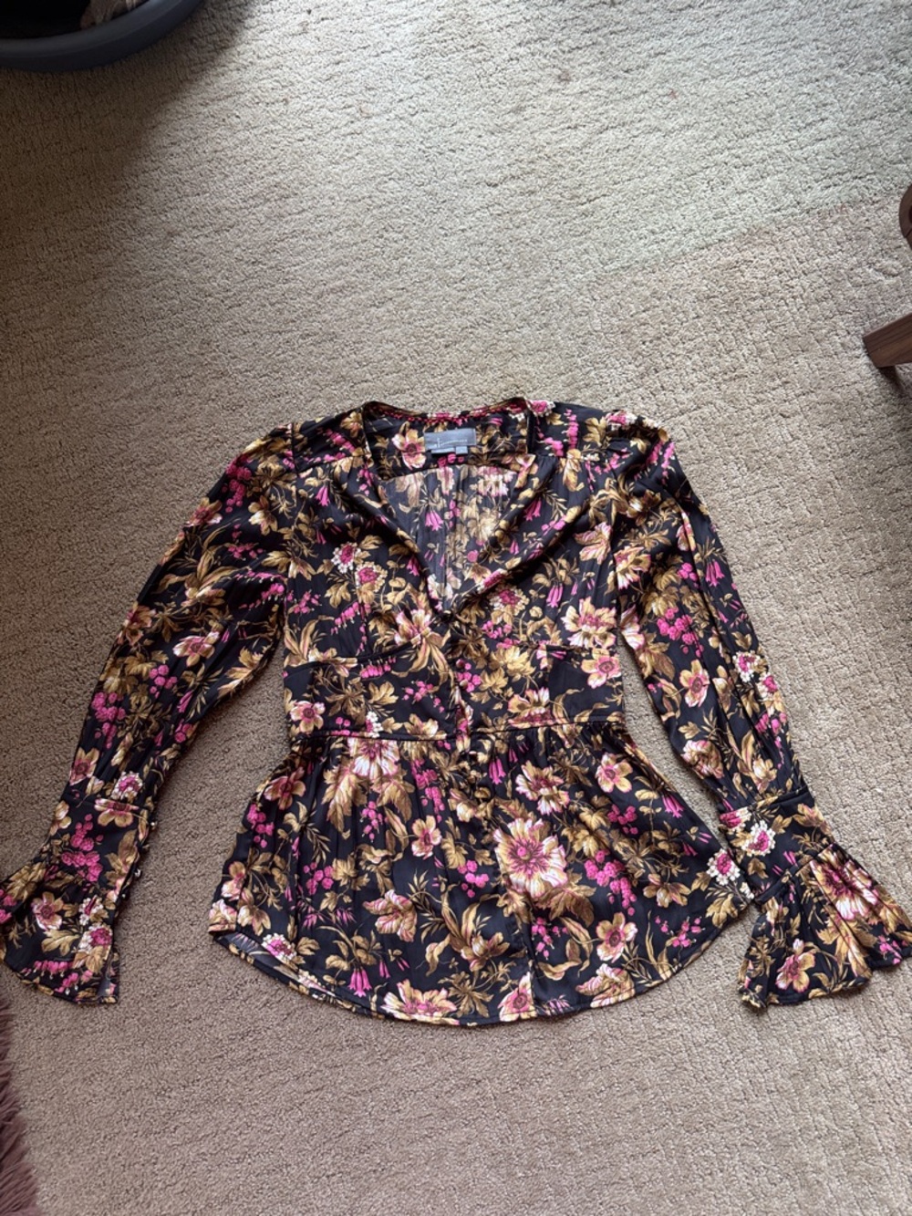 Maeve Black Floral V-Neck Peplum Top with Pink & Gold Blooms
